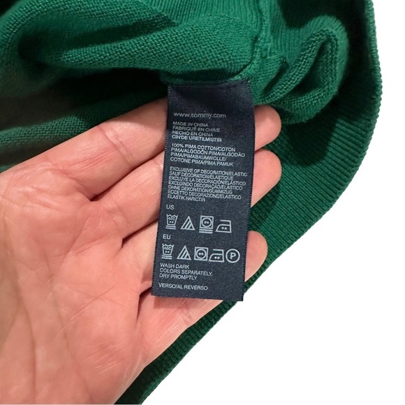 Tommy Hilfiger 100% Pima Cotton Green V-Neck Pullover Sweater Sz XL Flag Logo - Picture 6 of 13